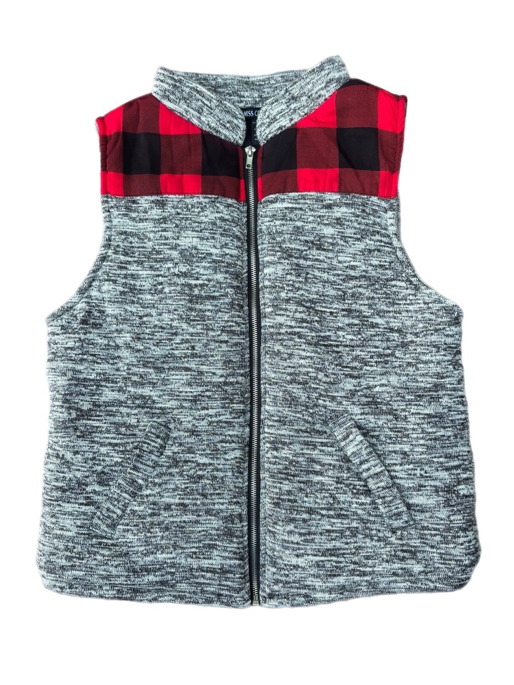 Miss Chievous Gray Heather Vest with Red Plaid Yoke